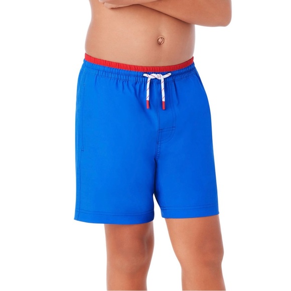 Vibrant Blue Kids Swim Trunks with Red Accent - Picture 1 of 9